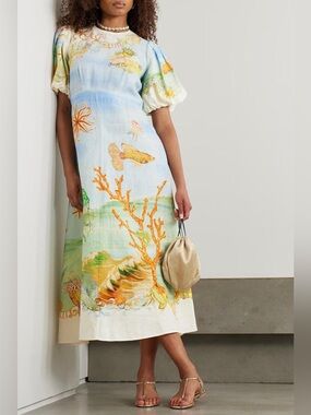 ALEMAIS + Sam Pauletto Emerald Cove linen-gauze midi dress US 6